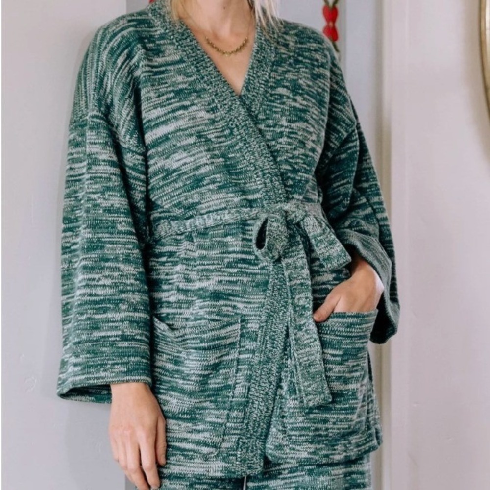 Curator SF Stevie Cardigan Green White Space Dye Cotton Belted Sweater M / L